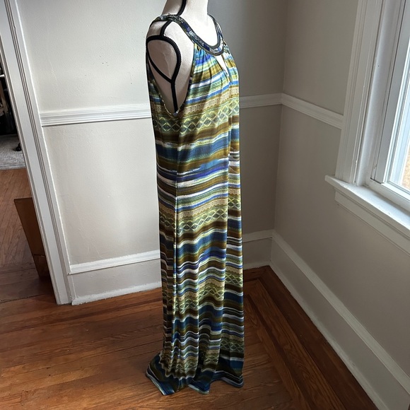 Mlle Gabriel Maxi Dress Bead Embellished Keyhole Neckline Flowy Stripe Print - Picture 14 of 17